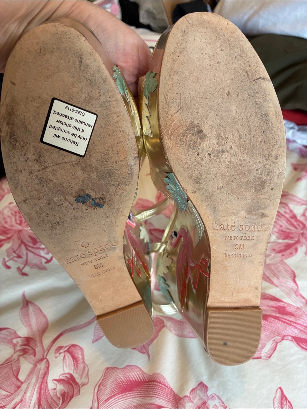 kate spade Gold Platform Wedge Sandals with Pink Flamingo and Teal Leaf Accents - Picture 6 of 8